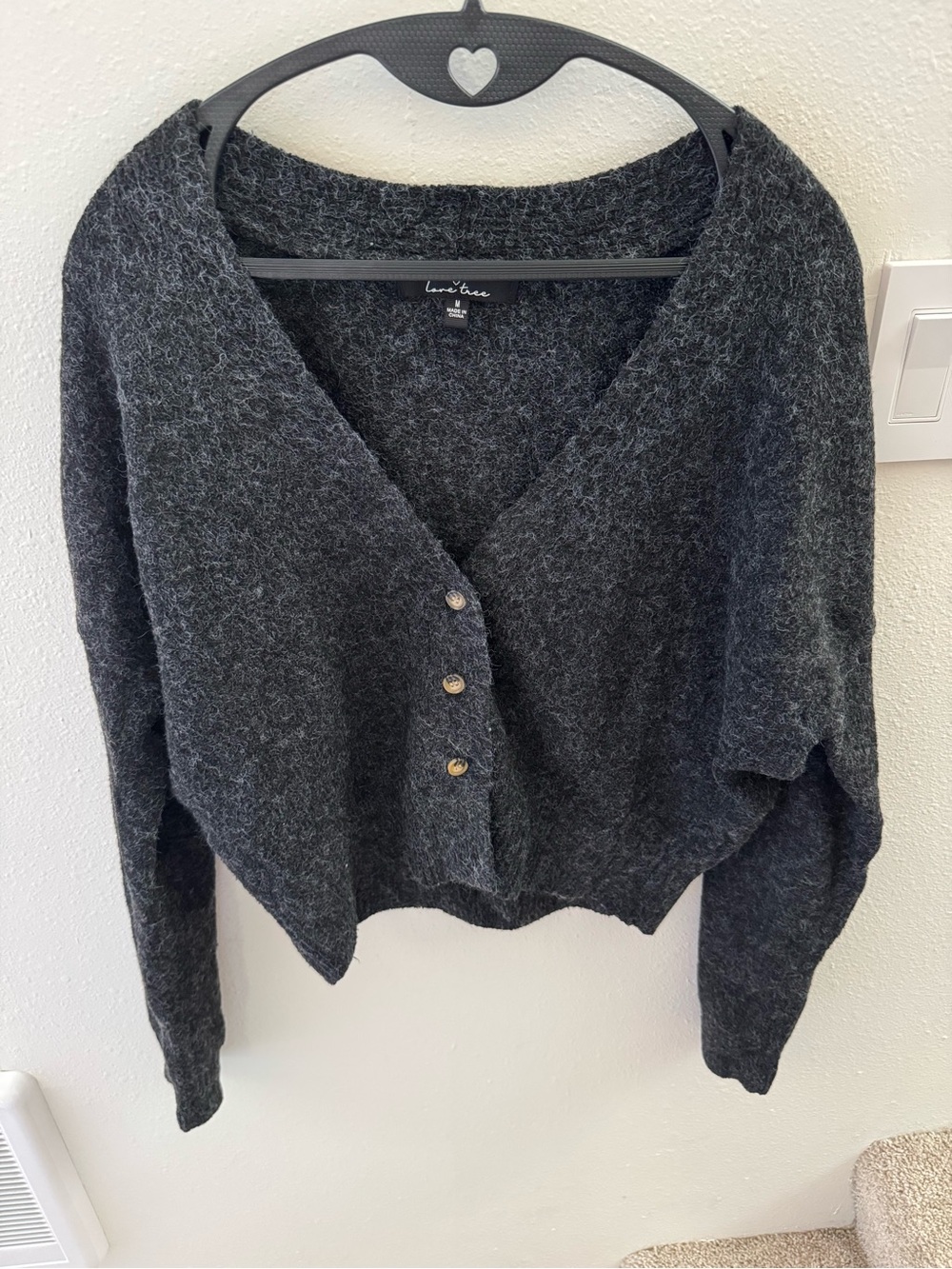 Love Tree Charcoal Button-Front V-Neck Cropped Cardigan